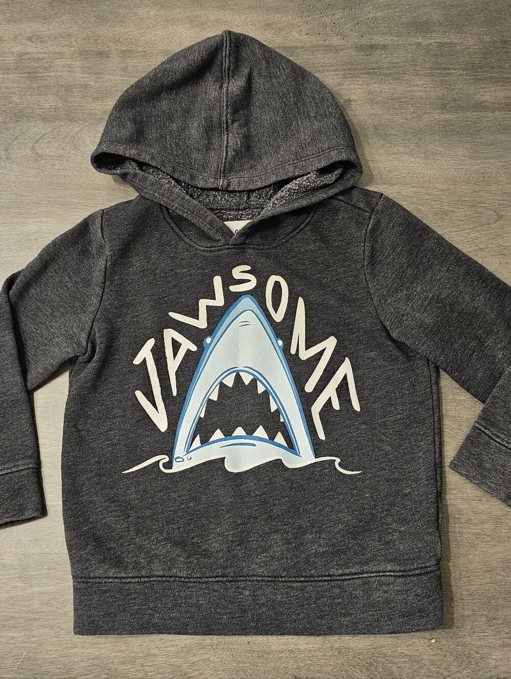 Old Navy Dark Gray Hoodie with Blue Shark 'JAWSOME' Graphic- 4t